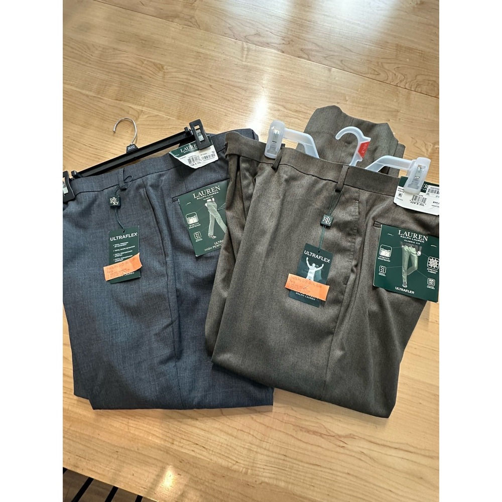 Lot 2 LRL Mens UltraFlex Norton Classic Fit Dress Pants Charcoal Taupe Ralph